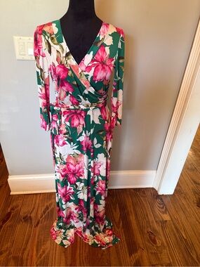 Floral Wrap Maxi Dress in Green and Pink